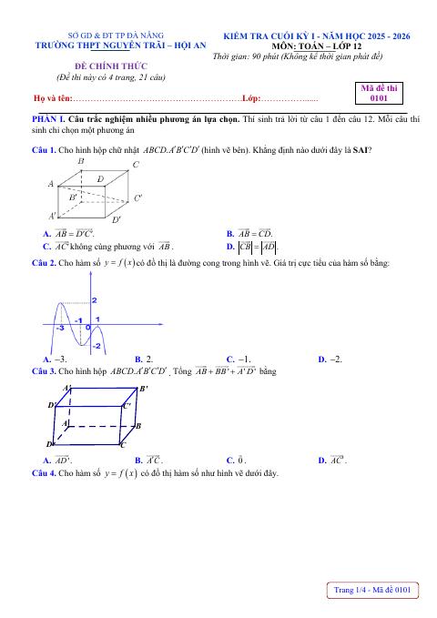 Đề thi Học kì 1 Toán 12 năm 2025-2026 trường THPT Nguyễn Trãi (Đà Nẵng)